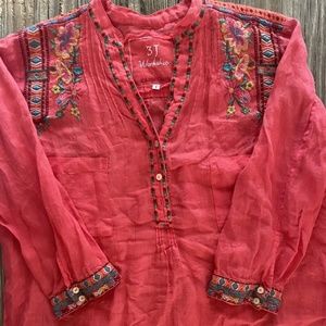 Johnny Was Blouse Red/Orange Embroidered Pullover Button Front 3/4 Sleeves SZS